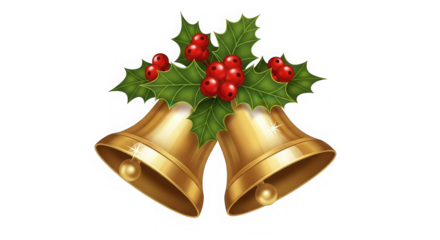 Christmas golden bells with holly isolated on transparent background
