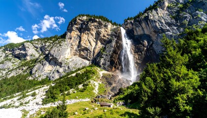 Scenic landscape featuring a waterfall cascading down a cliffside