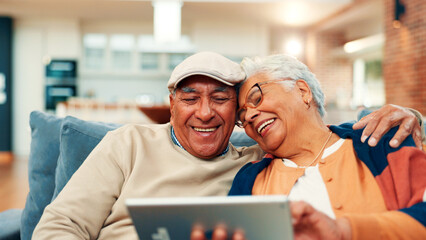 Sofa, happy and senior couple on tablet for online streaming, internet subscription or bonding. Retirement home, marriage and mature man and woman on digital tech for videos, watching movie and relax