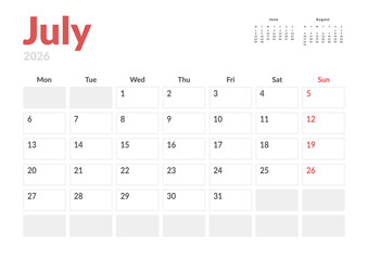 Monthly page Calendar Planner Template design of July 2026. Vector layout of calendar with week start Monday for Scheduling. Page for size A4 or 21x29.7 cm