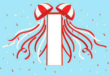 垂れ幕付きの紅白のくす玉のイラスト