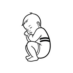 A peaceful black and white illustration of a sleeping baby curled up in a fetal position, symbolizing innocence and new beginnings