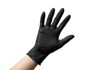 Black nitrile glove on a human hand isolated on transparent background