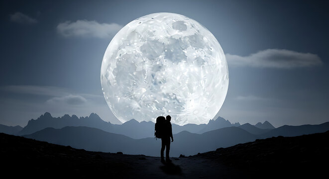 Silhouette of a person with a backpack standing before a giant moon over mountain range landscape