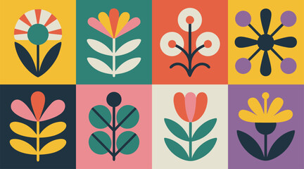 Simple Modern Geometric Abstract Flower Tile Motif Illustration Set