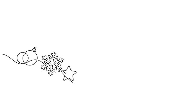 continuous line drawing of christmas celebration decorative ornament. winter season greeting xmas baubles, christmas tree and snowflake stars thin line illustration minimalism hand drawn 4k animation 