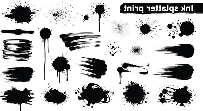 Grunge ink splatter. Splash of paints, spray drops staining and frame with wet paint drop traces vector set. Illustration splash and drip design, silhouette blob spray collection