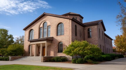 Fototapeta premium Majestic classical brick building with arched and autumn foliage under a blue sky