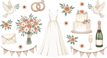 Elegant vector wedding collection featuring a bridal dress, gold rings, floral bouquet, tiered cake, champagne bottle, and doves, perfect for invitations, stationery, and bridal shower designs with a