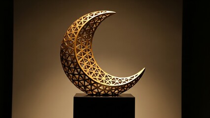 "Ornamental gold crescent moon with Islamic geometric filigree, glowing sphere resting on its tip, premium product photography style, soft shadows, neutral background, high-detail 3D render."