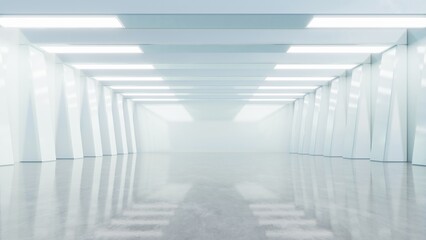 Abstract architecture space with empty concrete floor, Geometric with neon light, Sci-fi interior with stage for product presentation, 3d rendering