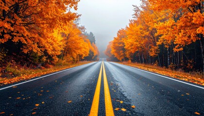 Fototapeta premium Yellow autumn leaves line the asphalt country road at sunset, stretching toward the horizon through the rural forest landscape