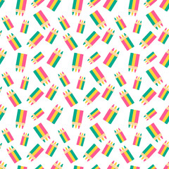 flat design pattern of three colored pencils standing upright. From left to right, they are pink, yellow, and teal, each with a sharpened tip and a light beige section near the point