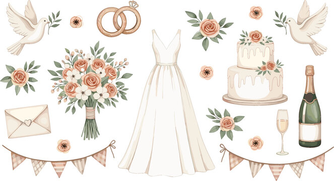 Elegant vector wedding collection featuring a bridal dress, gold rings, floral bouquet, tiered cake, champagne bottle, and doves, perfect for invitations, stationery, and bridal shower designs with a 