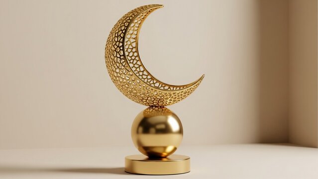 "Ornamental gold crescent moon with Islamic geometric filigree, glowing sphere resting on its tip, premium product photography style, soft shadows, neutral background, high-detail 3D render." - Powered by Adobe