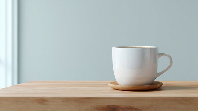 Warm cup of coffee on a wooden table with a simple backdrop in a cozy setting