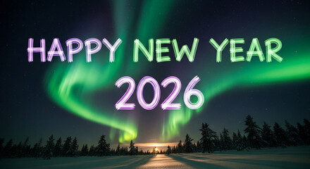 Happy new year 2026 celebration with aurora borealis in the night sky over a snowy landscape, creating a festive and magical atmosphere for the upcoming year