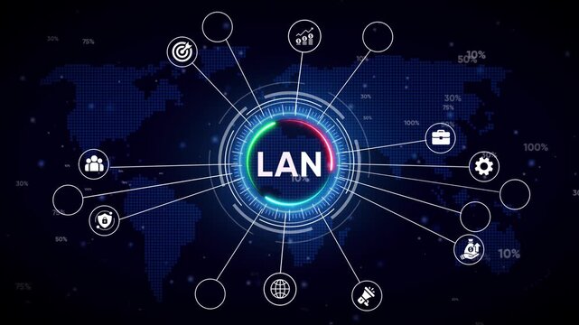 Digital network diagram with LAN text in center and global map background Keywords: LAN, network, technology, computer, connection, data, communication, digital, global, internet, system