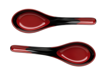 Two red asian soup spoons isolated on transparent background