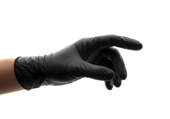 Hand wearing black nitrile glove pointing isolated on transparent background