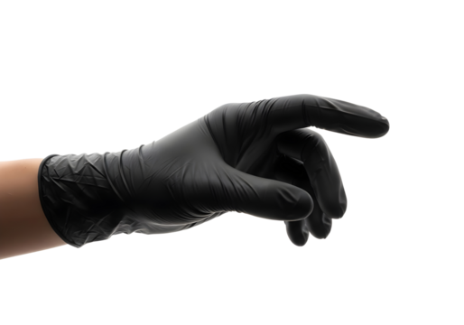 Hand wearing black nitrile glove pointing isolated on transparent background