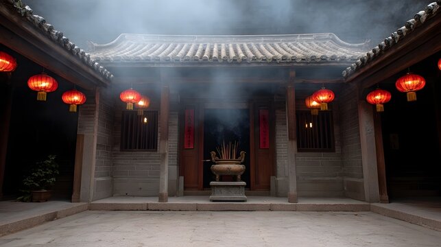 Incense smoke rises from a burner in a traditional Asian temple courtyard with red lanterns and calligraphy - Powered by Adobe