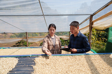 People inspect the roasting of coffee beans in large metal vats, which are a blend of Arabica and Robusta coffee beans to produce high-quality coffee with excellent taste.