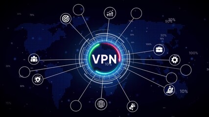 Virtual Private Network VPN concept with global network connections and digital icons Keywords: VPN, virtual private network, network security, internet privacy, data protection, cybersecurity - Powered by Adobe