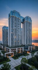 Fototapeta premium Modern architectural skyscraper complex with vibrant sunset sky reflects urban growth and