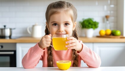 Cute little girl holding a glass of a yellow drink with a lemon half on the table, promoting healthy nutrition