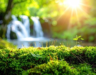 Fototapeta premium Sunlight streams through lush green forest illuminating a mossy log and waterfall.