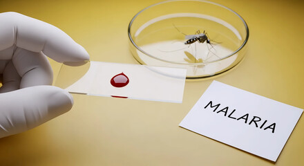 Malaria Blood Test Slide in Doctor Hand with Mosquito Specimen for Medical Diagnosis Concept