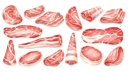 An illustrated collection of various raw meat slices, including bacon, ham, and prosciutto, arranged in different cuts and folds.