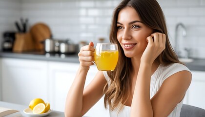 Woman smiling, holding a refreshing lemon drink in kitchen. Promoting health, wellness, and a relaxing morning routine