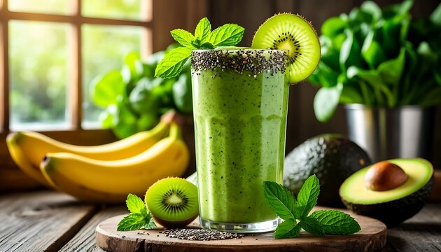 Tall glass of vibrant green smoothie decorated with kiwi slice, mint leaves, and chia seeds on rustic wooden table