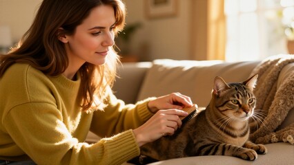 A caring woman brushing her tabby cat on the couch at home. Pet owner grooming her domestic feline in a sunlit living room. Animal care and companionship concept
