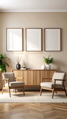 Fototapeta premium Modern minimalist living room interior with two armchairs and empty frames on wall.