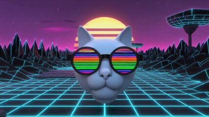 Retro Futuristic Cat Head with Glitchy Rainbow Sunglasses in a Neon Grid Landscape - Powered by Adobe