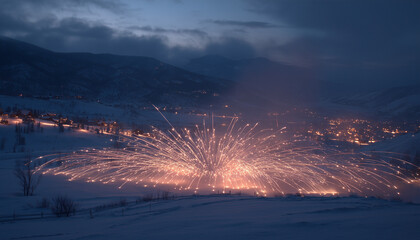 Spectacular display of fireworks illuminating the night sky over a snowy landscape