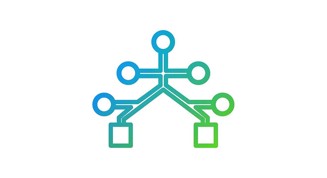 A gradient network diagram with circles and squares connected by lines on a white background