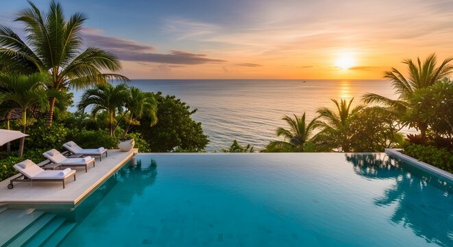 Infinity pool at sunset overlooking ocean with palm trees tropical image