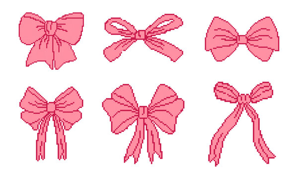 Whimsy pink bow tie ribbon pixel art game icon vector set. Retro computer 8 bit pixelated girly decoration