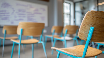 Empty Classroom With Light Wooden Chairs and Turquoise Frames for Education and Learning