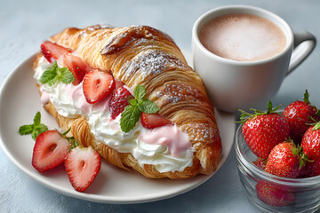 croissant with strawberries and cream placed on a white plate with cup of hot coffee beside. French pastry backfast 