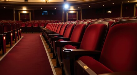 Rows of empty red velvet seats create a classic and nostalgic theater atmosphere ready for an