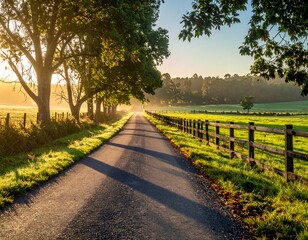 Fototapeta premium Sunlit road framed by trees and fence, leading toward distant fields