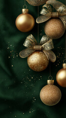 Luxury Gold Christmas Baubles with Ribbons on Dark Green Textured Background Vertical Banner