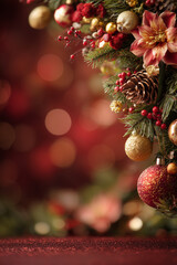 Christmas Corner Decoration with Pine Cones and Berries on Red Bokeh Background Vertical 