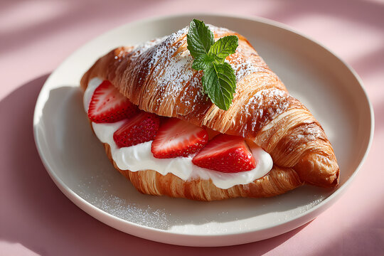 croissant sandwich with strawberries and cream filling placed on a white plate. - Powered by Adobe