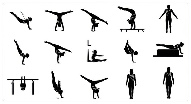 Structured Parallel Bars Gymnastics Moves in Dynamic Vector Silhouette Set 